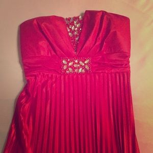 Red strapless floor length prom dress